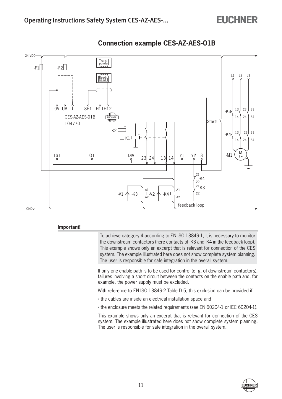 Operating instructions safety system ces-az-aes, Connection example ces-az-aes-01b | EUCHNER CES-AZ-AES-xxx (Unicode) User Manual | Page 11 / 54