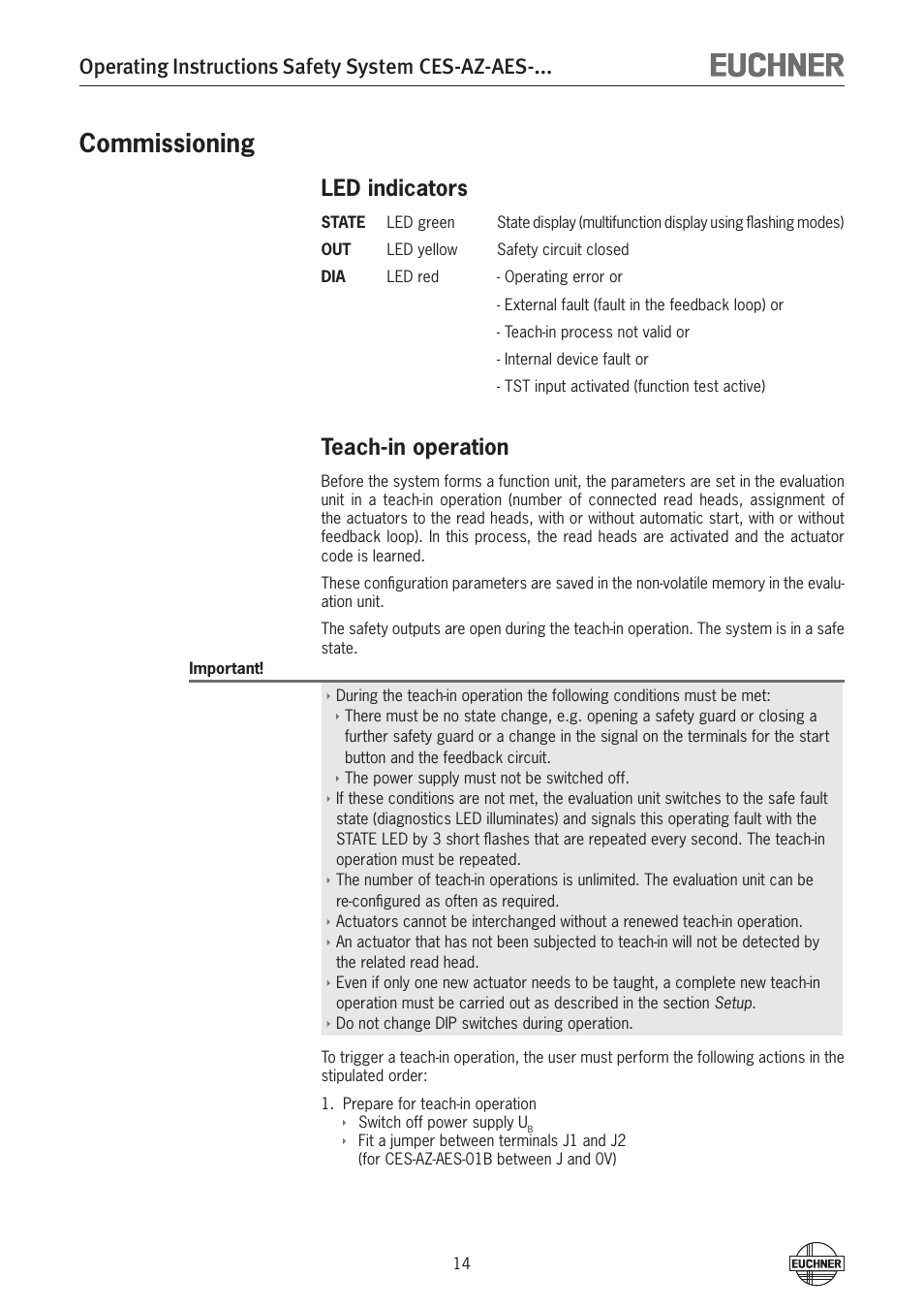 Commissioning, Operating instructions safety system ces-az-aes, Led indicators | Teach-in operation | EUCHNER CES-AZ-AES-xxx (Unicode) User Manual | Page 14 / 54