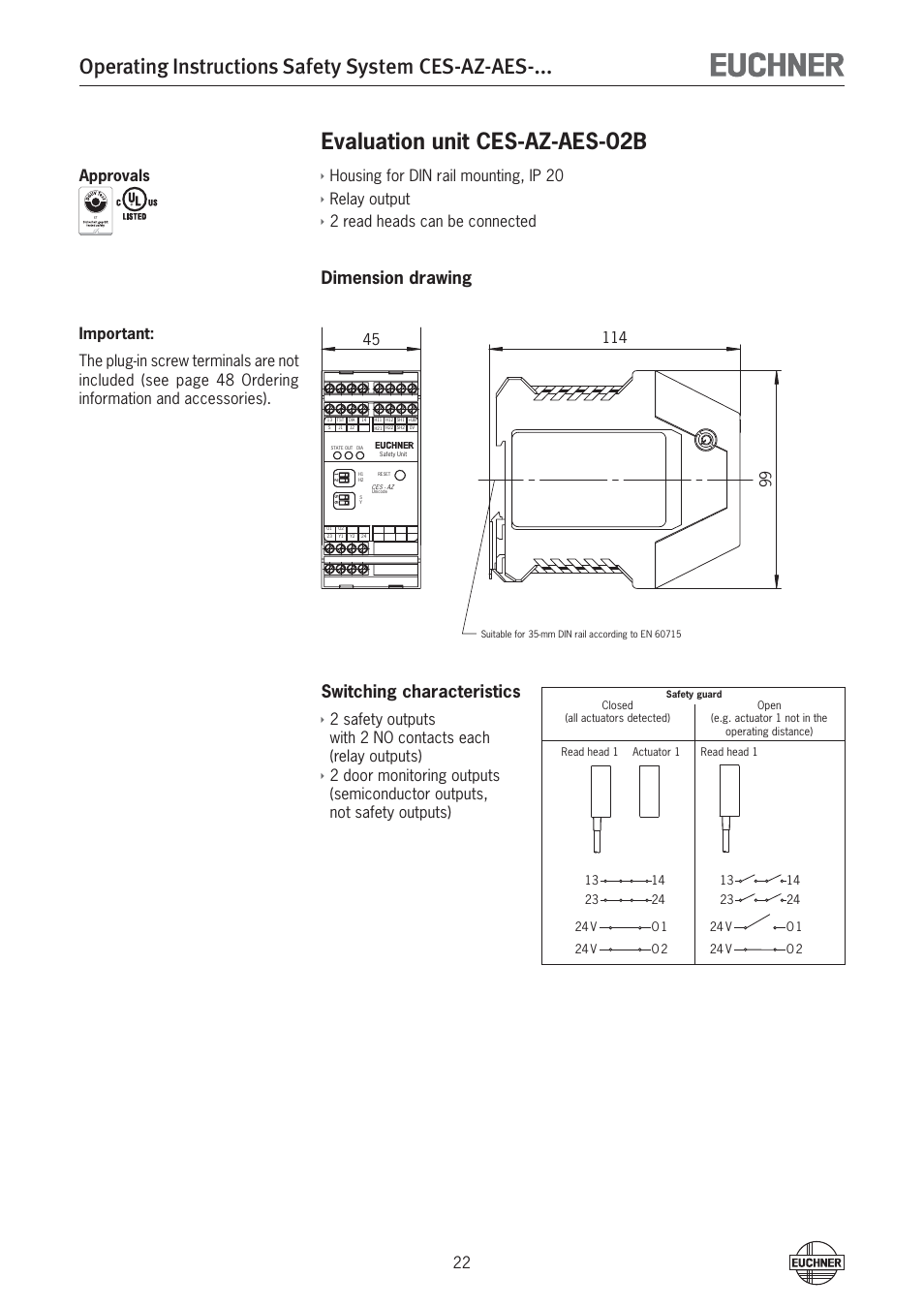 Operating instructions safety system ces-az-aes, Evaluation unit ces-az-aes-02b, Dimension drawing switching characteristics ì | Housing for din rail mounting, ip 20, Relay output, 2 read heads can be connected | EUCHNER CES-AZ-AES-xxx (Unicode) User Manual | Page 22 / 54