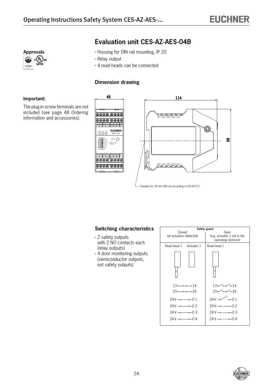 Operating instructions safety system ces-az-aes, Evaluation unit ces-az-aes-04b, Dimension drawing switching characteristics ì | Housing for din rail mounting, ip 20, Relay output, 4 read heads can be connected | EUCHNER CES-AZ-AES-xxx (Unicode) User Manual | Page 24 / 54