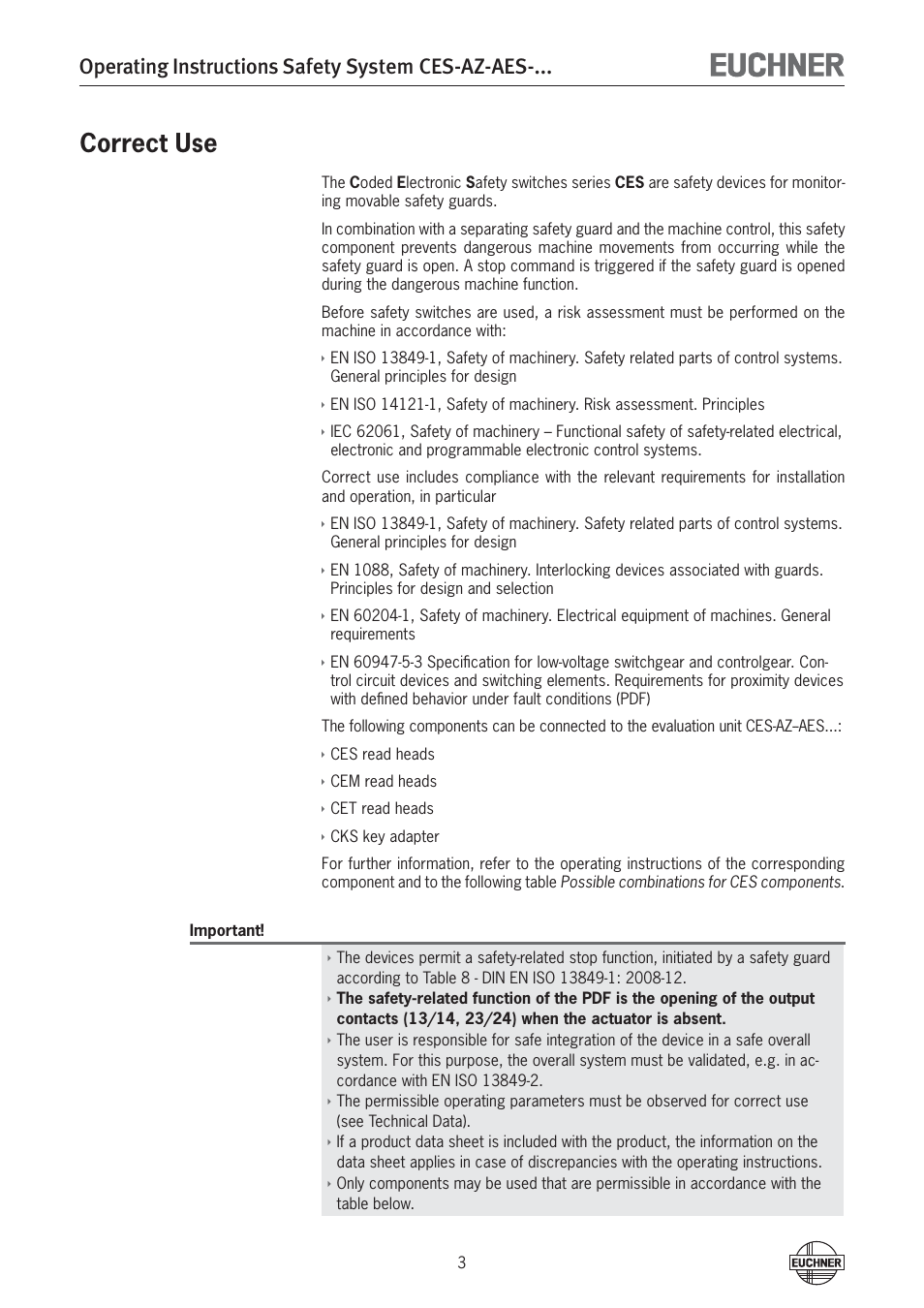Correct use, Operating instructions safety system ces-az-aes | EUCHNER CES-AZ-AES-xxx (Unicode) User Manual | Page 3 / 54