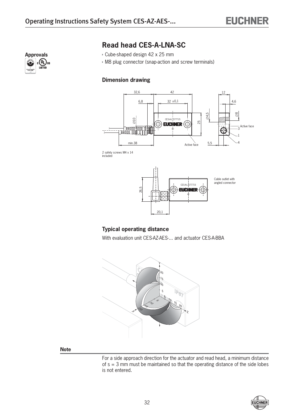 Operating instructions safety system ces-az-aes, Read head ces-a-lna-sc, Dimension drawing typical operating distance | Cube-shaped design 42 x 25 mm | EUCHNER CES-AZ-AES-xxx (Unicode) User Manual | Page 32 / 54