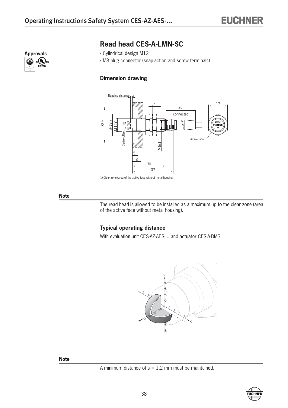 Operating instructions safety system ces-az-aes, Read head ces-a-lmn-sc, Dimension drawing | Typical operating distance, Cylindrical design m12 | EUCHNER CES-AZ-AES-xxx (Unicode) User Manual | Page 38 / 54