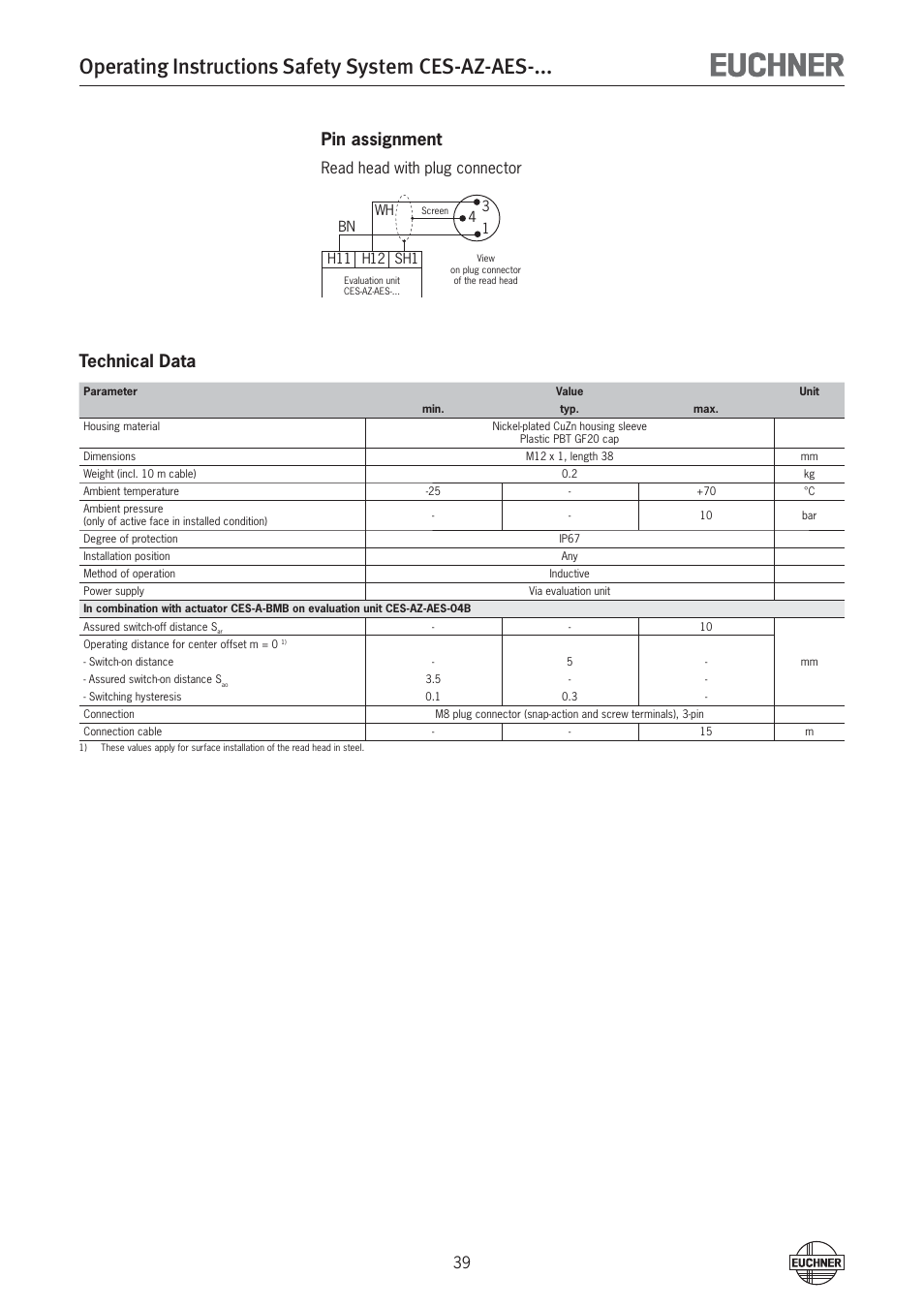 Operating instructions safety system ces-az-aes, Pin assignment, Technical data | Read head with plug connector | EUCHNER CES-AZ-AES-xxx (Unicode) User Manual | Page 39 / 54