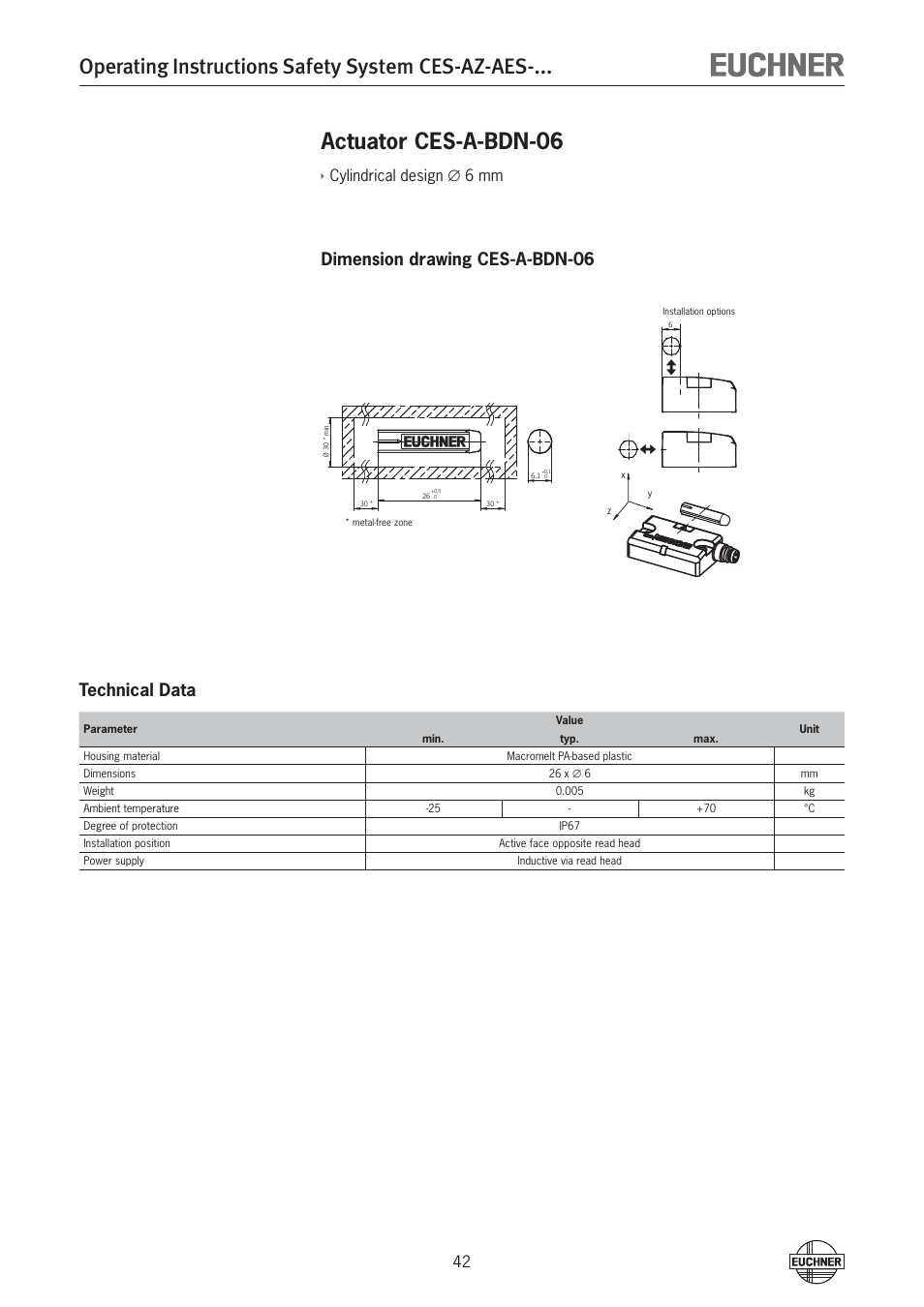 Operating instructions safety system ces-az-aes, Actuator ces-a-bdn-06, Dimension drawing ces-a-bdn-06 technical data | Cylindrical design ∅ 6 mm | EUCHNER CES-AZ-AES-xxx (Unicode) User Manual | Page 42 / 54