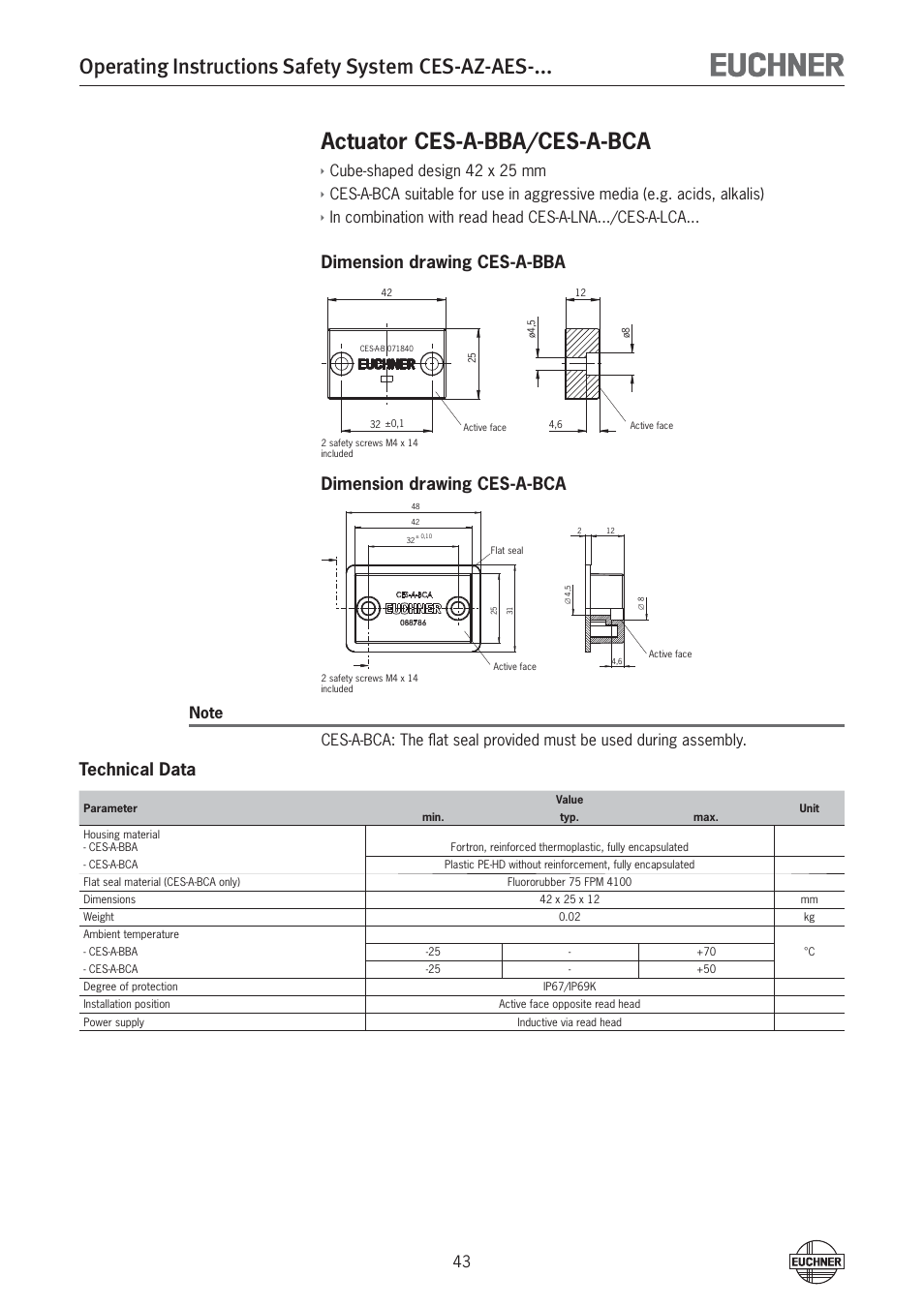 Operating instructions safety system ces-az-aes, Actuator ces-a-bba/ces-a-bca, Technical data | Cube-shaped design 42 x 25 mm | EUCHNER CES-AZ-AES-xxx (Unicode) User Manual | Page 43 / 54
