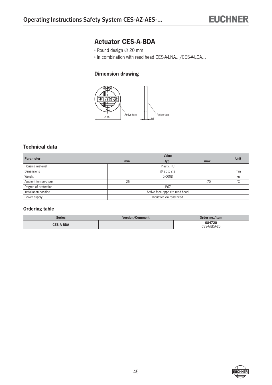 Operating instructions safety system ces-az-aes, Actuator ces-a-bda, Dimension drawing technical data | Round design ∅ 20 mm, Ordering table | EUCHNER CES-AZ-AES-xxx (Unicode) User Manual | Page 45 / 54
