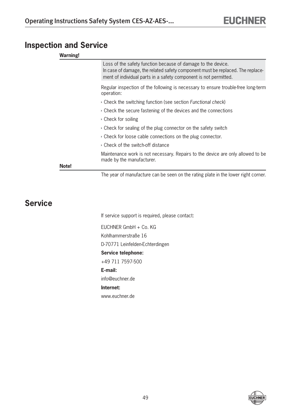 Inspection and service, Service, Operating instructions safety system ces-az-aes | EUCHNER CES-AZ-AES-xxx (Unicode) User Manual | Page 49 / 54