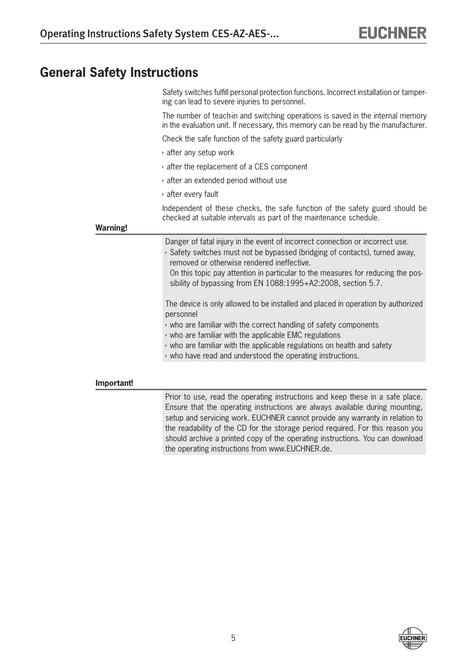 General safety instructions, Operating instructions safety system ces-az-aes | EUCHNER CES-AZ-AES-xxx (Unicode) User Manual | Page 5 / 54
