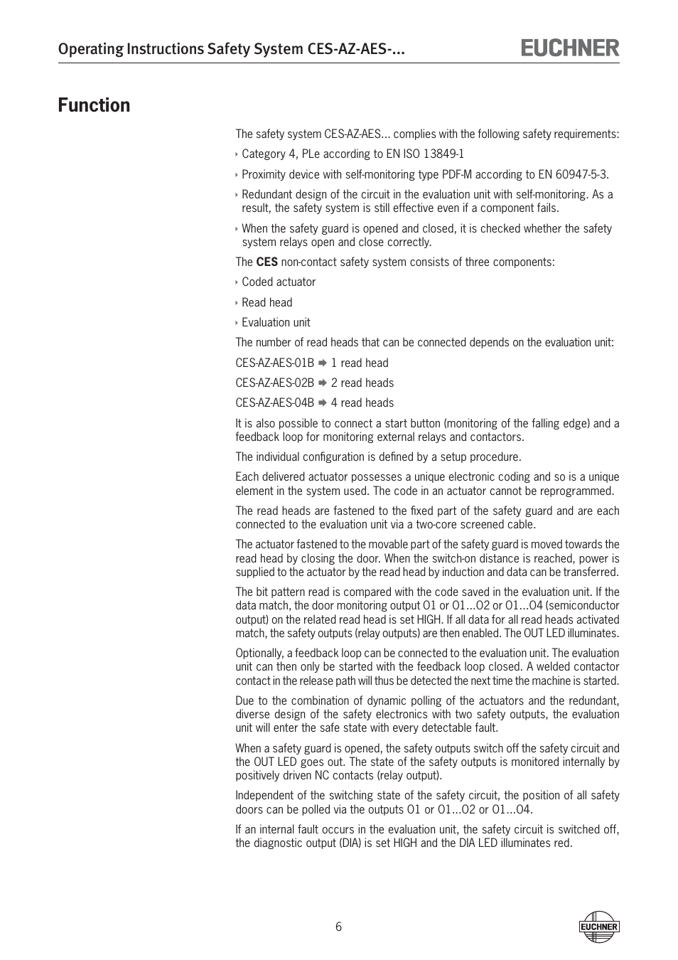 Function, Operating instructions safety system ces-az-aes | EUCHNER CES-AZ-AES-xxx (Unicode) User Manual | Page 6 / 54