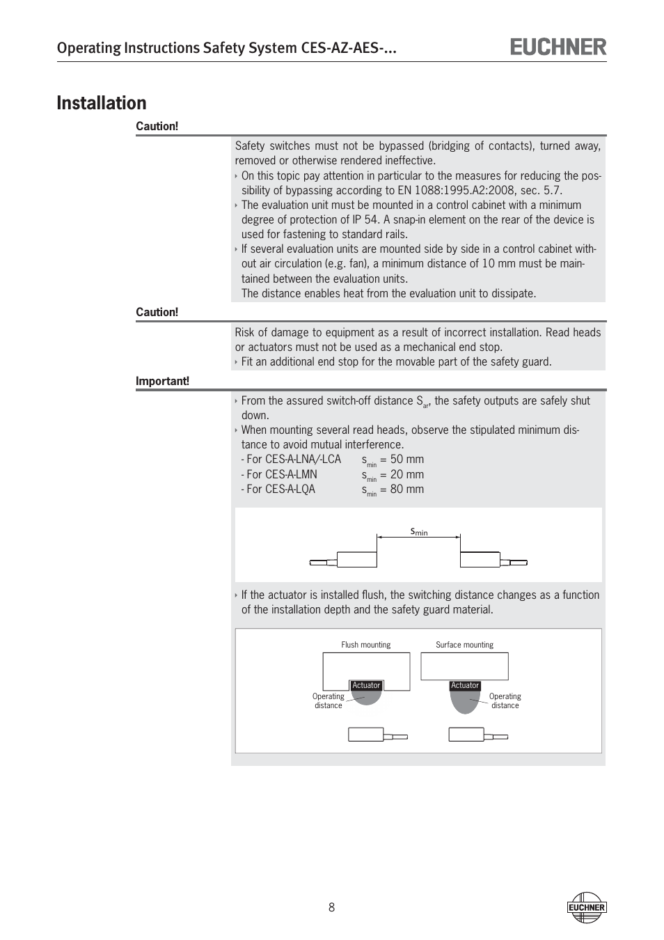 Installation, Operating instructions safety system ces-az-aes | EUCHNER CES-AZ-AES-xxx (Unicode) User Manual | Page 8 / 54