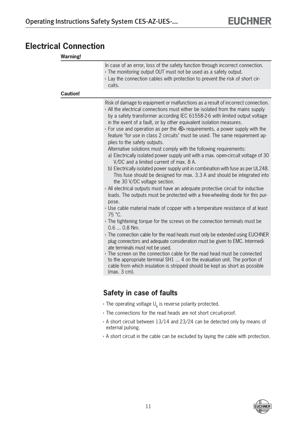 Electrical connection, Operating instructions safety system ces-az-ues, Safety in case of faults | EUCHNER CES-AZ-UES-xxx (Multicode) User Manual | Page 11 / 56