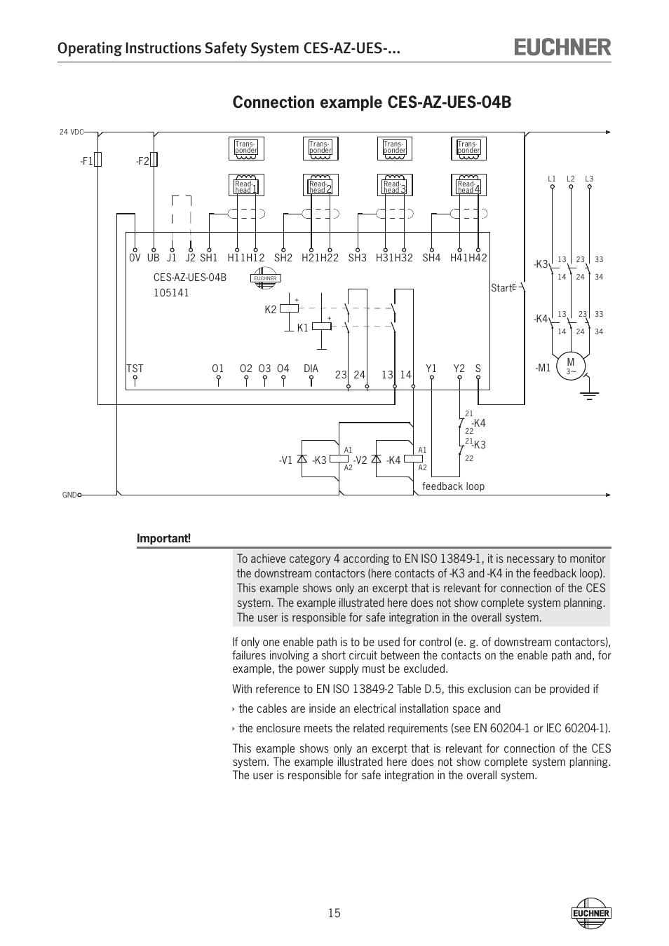 Operating instructions safety system ces-az-ues, Connection example ces-az-ues-04b | EUCHNER CES-AZ-UES-xxx (Multicode) User Manual | Page 15 / 56