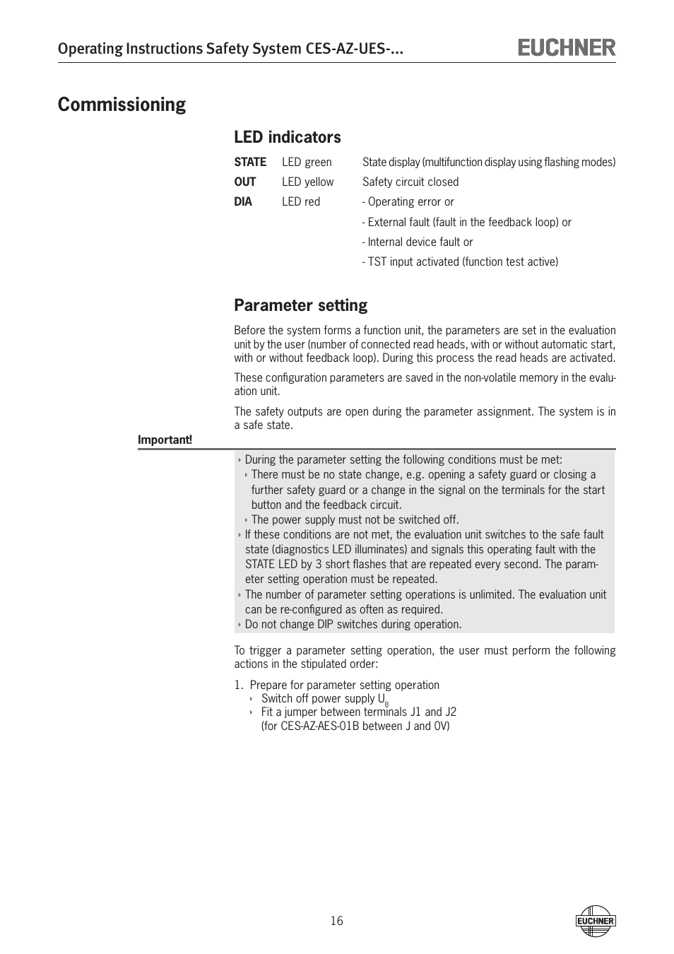 Commissioning, Operating instructions safety system ces-az-ues, Led indicators | Parameter setting | EUCHNER CES-AZ-UES-xxx (Multicode) User Manual | Page 16 / 56