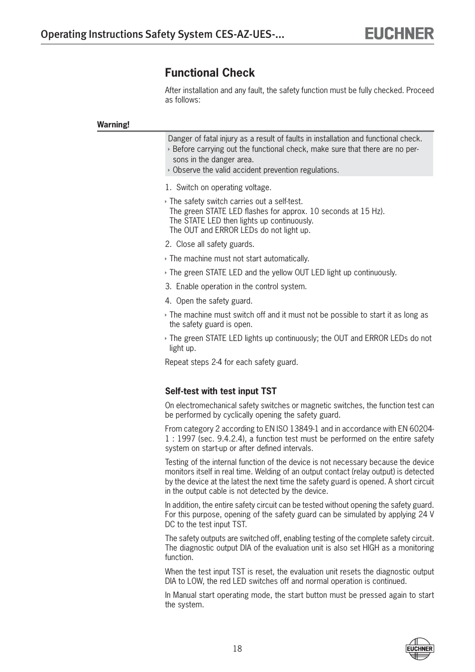 Operating instructions safety system ces-az-ues, Functional check | EUCHNER CES-AZ-UES-xxx (Multicode) User Manual | Page 18 / 56