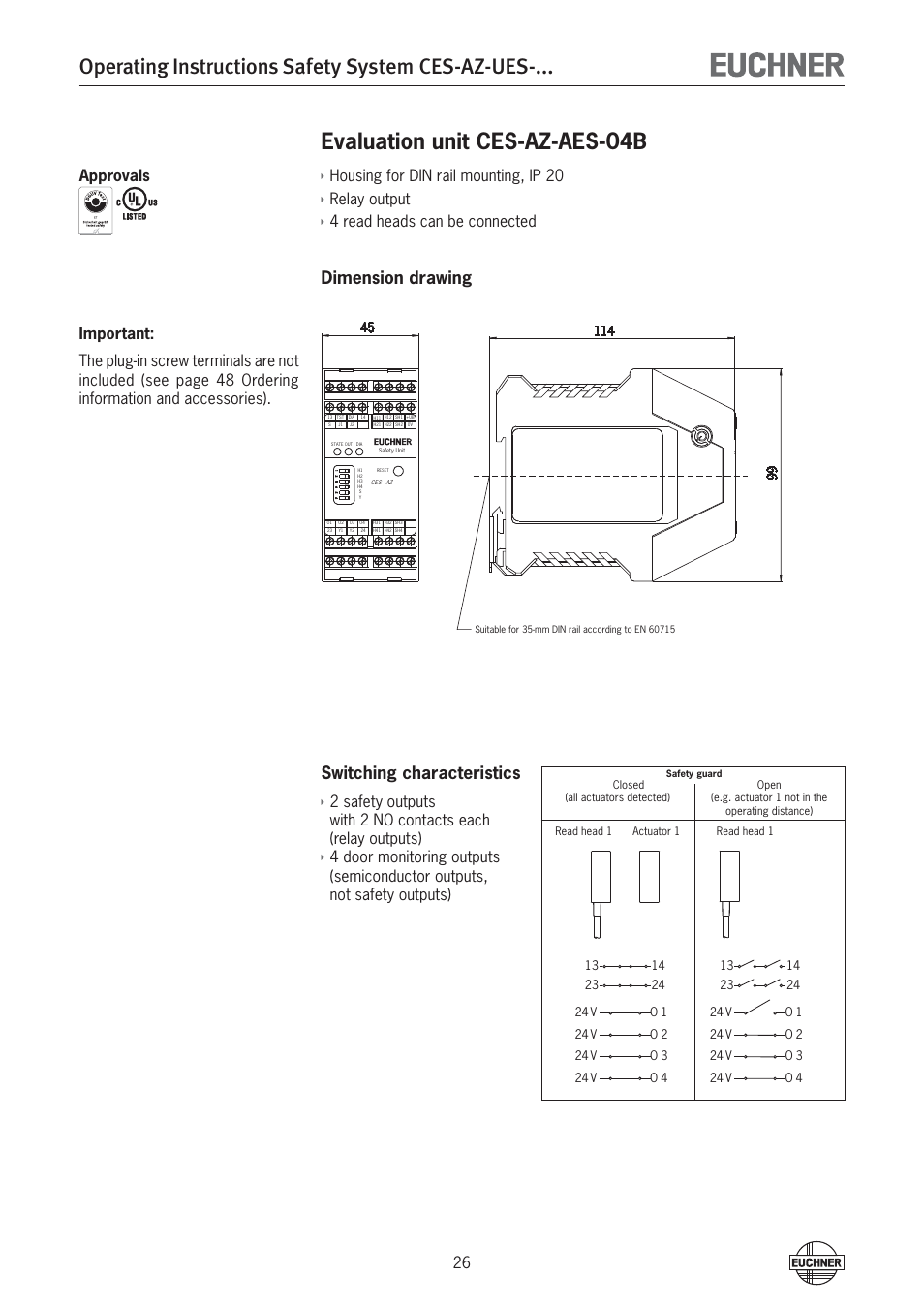 Operating instructions safety system ces-az-ues, Evaluation unit ces-az-aes-04b, Dimension drawing switching characteristics ì | Housing for din rail mounting, ip 20, Relay output, 4 read heads can be connected | EUCHNER CES-AZ-UES-xxx (Multicode) User Manual | Page 26 / 56