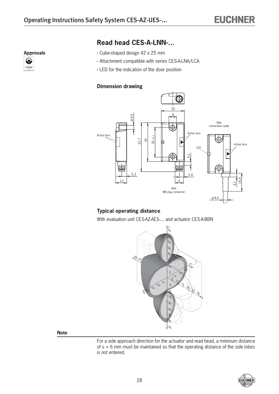 Operating instructions safety system ces-az-ues, Read head ces-a-lnn, Dimension drawing typical operating distance | Cube-shaped design 42 x 25 mm, Attachment compatible with series ces-a-lna/lca, Led for the indication of the door position | EUCHNER CES-AZ-UES-xxx (Multicode) User Manual | Page 28 / 56