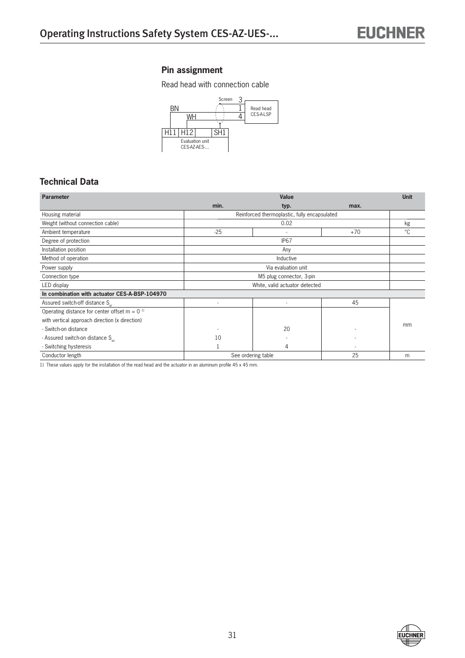 Operating instructions safety system ces-az-ues, Pin assignment, Technical data | Read head with connection cable | EUCHNER CES-AZ-UES-xxx (Multicode) User Manual | Page 31 / 56