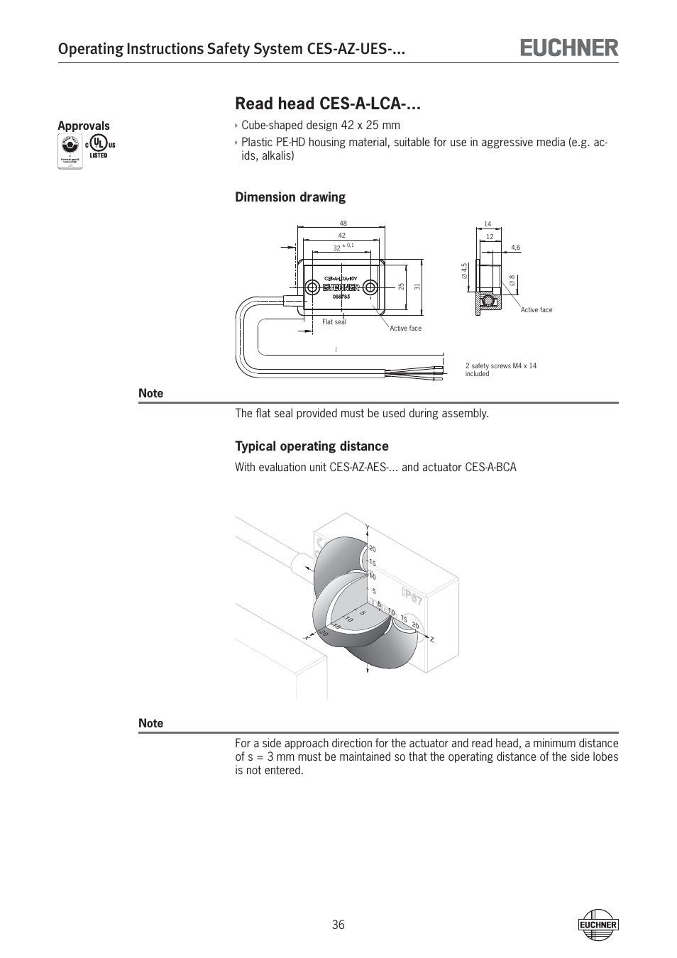 Operating instructions safety system ces-az-ues, Read head ces-a-lca, Dimension drawing | Typical operating distance, Cube-shaped design 42 x 25 mm | EUCHNER CES-AZ-UES-xxx (Multicode) User Manual | Page 36 / 56