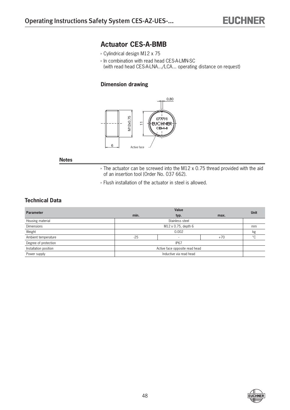 Operating instructions safety system ces-az-ues, Actuator ces-a-bmb, Dimension drawing | Technical data | EUCHNER CES-AZ-UES-xxx (Multicode) User Manual | Page 48 / 56