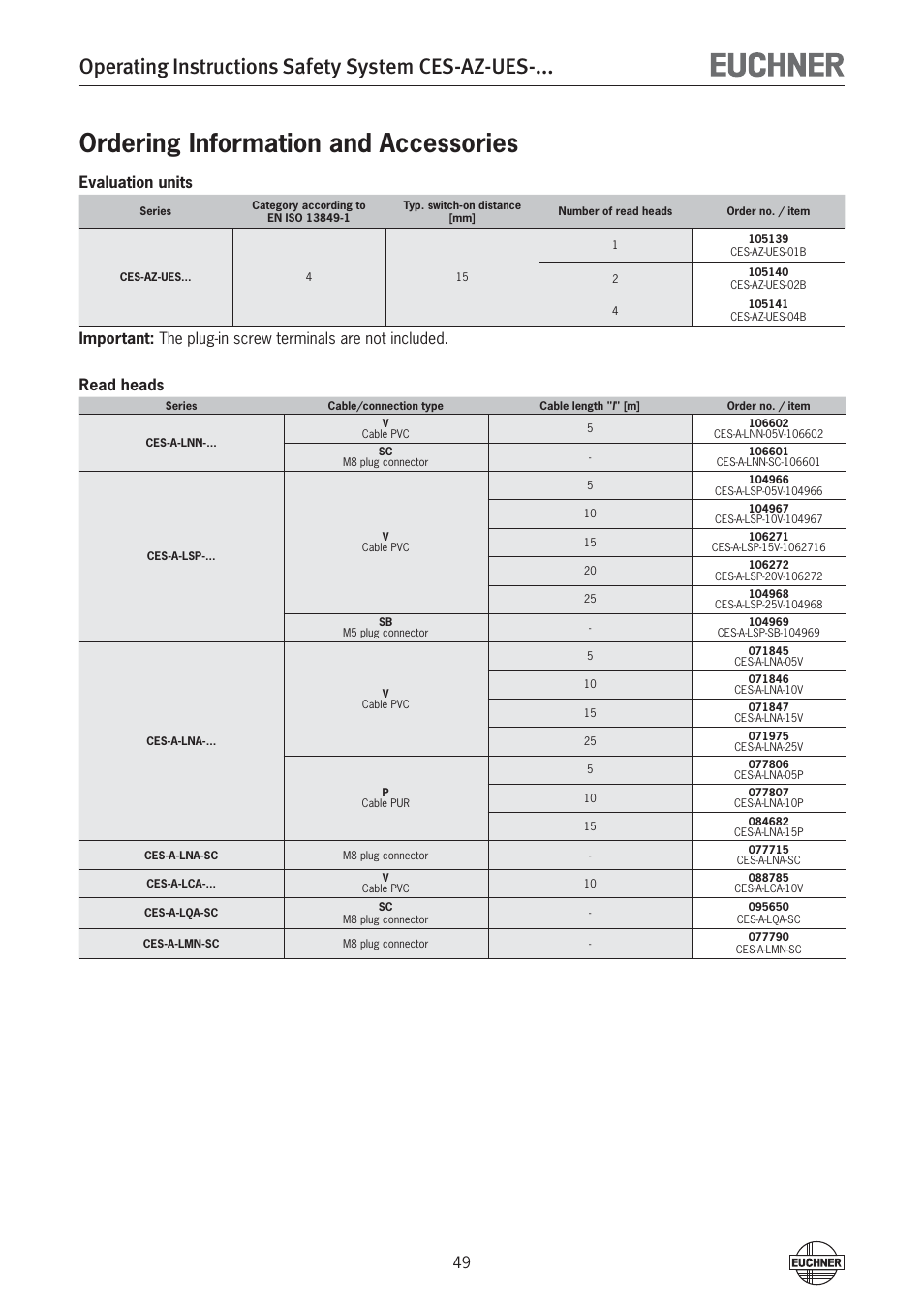 Ordering information and accessories, Operating instructions safety system ces-az-ues, Evaluation units | EUCHNER CES-AZ-UES-xxx (Multicode) User Manual | Page 49 / 56