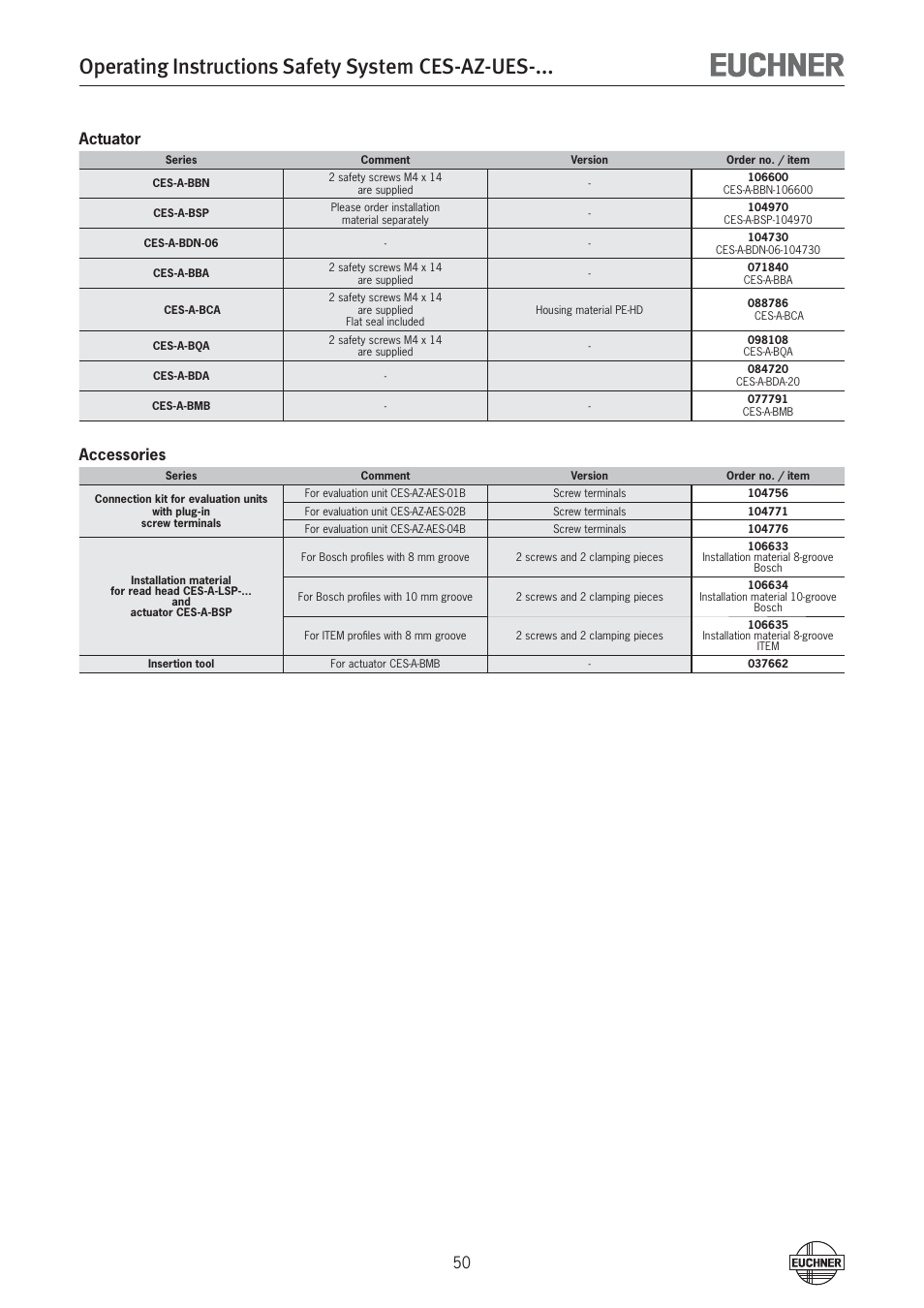 Operating instructions safety system ces-az-ues, 50 actuator, Accessories | EUCHNER CES-AZ-UES-xxx (Multicode) User Manual | Page 50 / 56