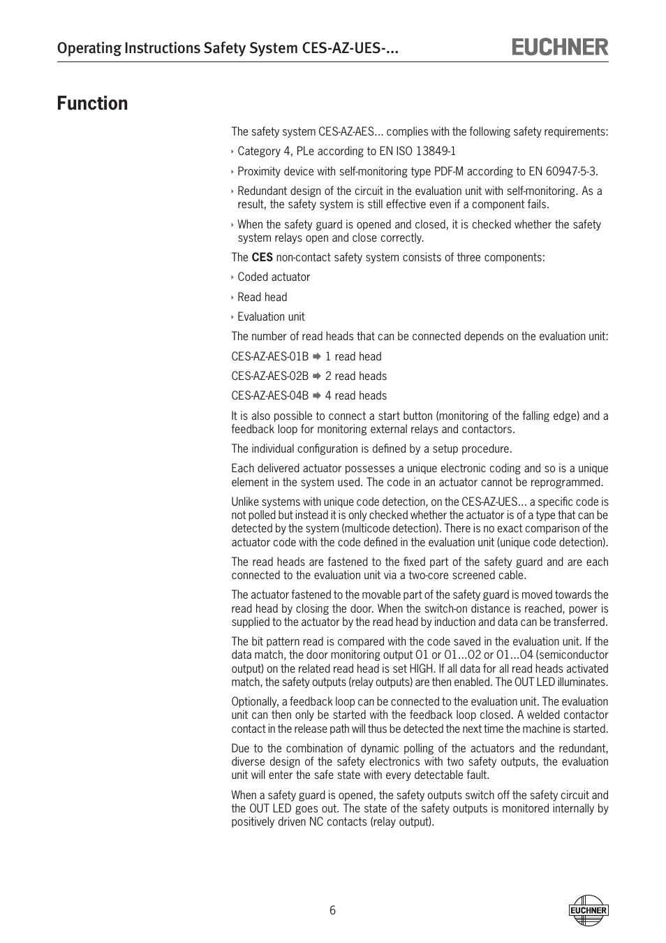 Function, Operating instructions safety system ces-az-ues | EUCHNER CES-AZ-UES-xxx (Multicode) User Manual | Page 6 / 56