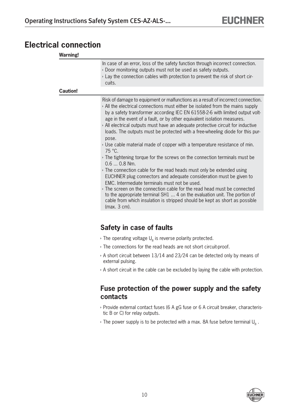 Electrical connection, Operating instructions safety system ces-az-als, Safety in case of faults | EUCHNER CES-AZ-ALS-xxx (Unicode) User Manual | Page 10 / 52
