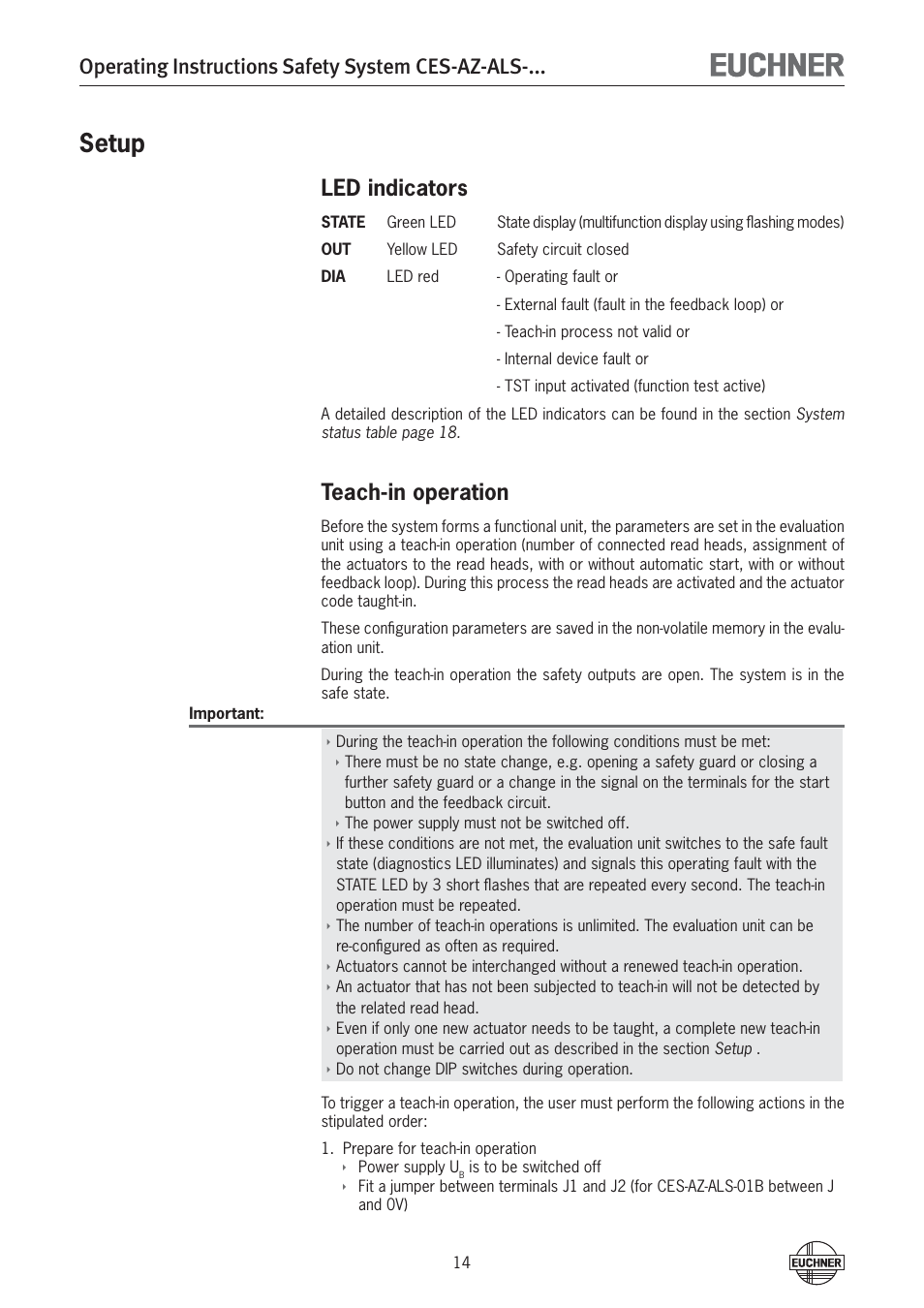 Setup, Operating instructions safety system ces-az-als, Led indicators | Teach-in operation | EUCHNER CES-AZ-ALS-xxx (Unicode) User Manual | Page 14 / 52