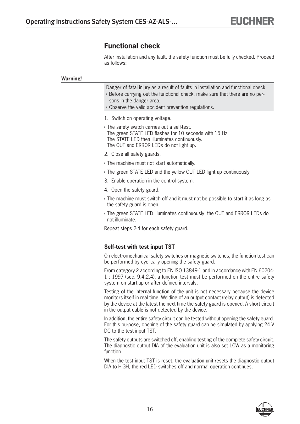 Operating instructions safety system ces-az-als, Functional check | EUCHNER CES-AZ-ALS-xxx (Unicode) User Manual | Page 16 / 52