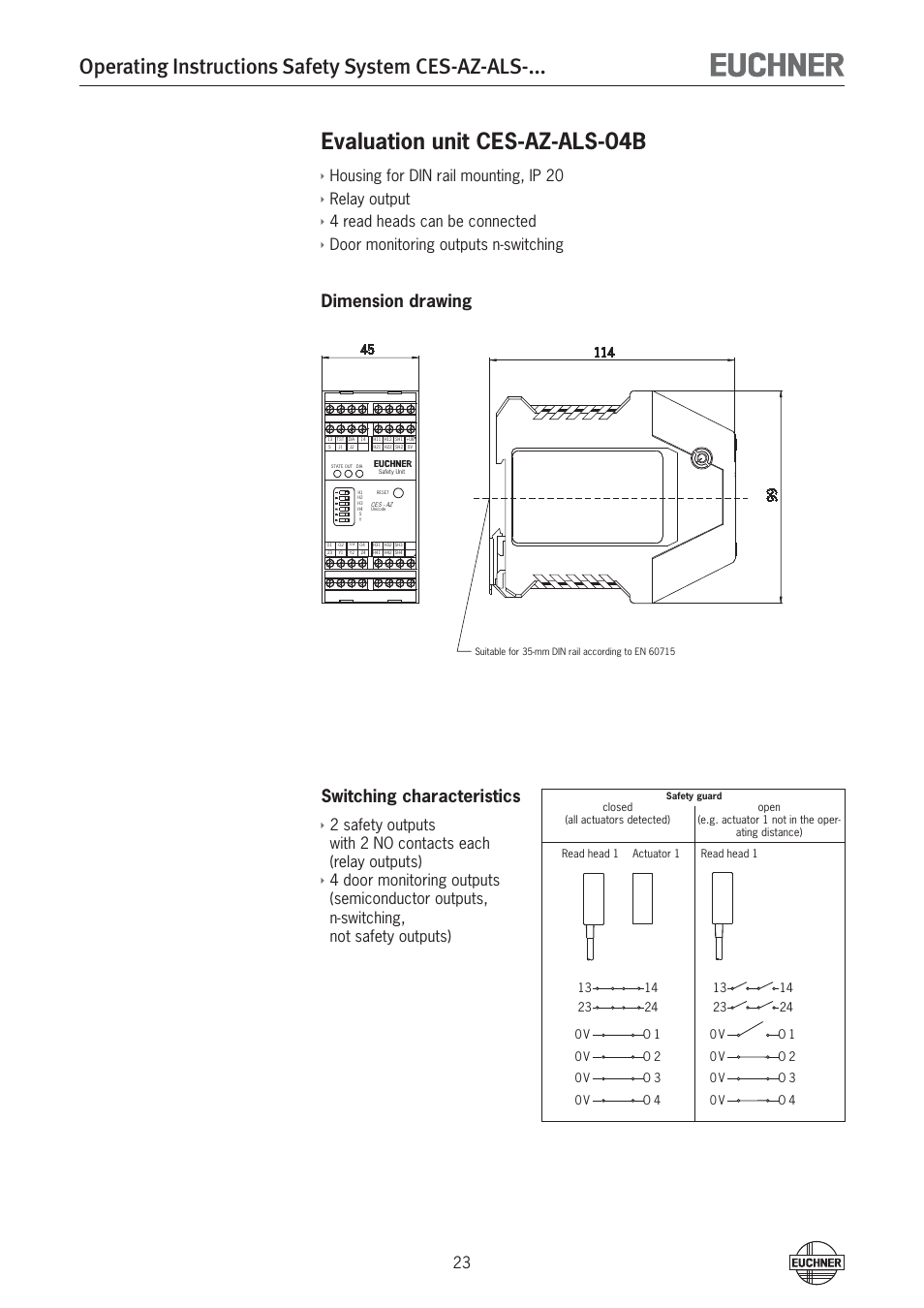 Operating instructions safety system ces-az-als, Evaluation unit ces-az-als-04b, Dimension drawing switching characteristics ì | Housing for din rail mounting, ip 20, Relay output, 4 read heads can be connected, Door monitoring outputs n-switching | EUCHNER CES-AZ-ALS-xxx (Unicode) User Manual | Page 23 / 52
