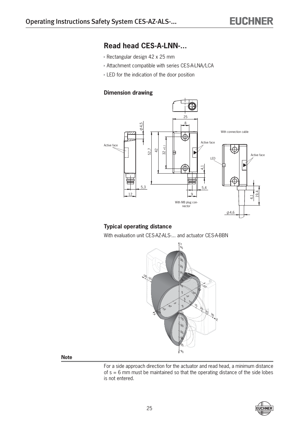 Operating instructions safety system ces-az-als, Read head ces-a-lnn, Dimension drawing typical operating distance | Rectangular design 42 x 25 mm, Attachment compatible with series ces-a-lna/lca, Led for the indication of the door position | EUCHNER CES-AZ-ALS-xxx (Unicode) User Manual | Page 25 / 52