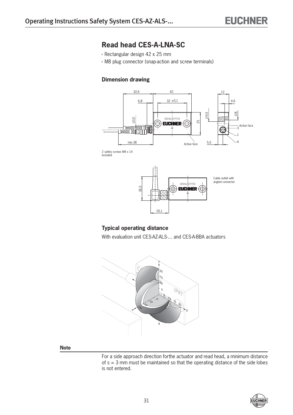 Operating instructions safety system ces-az-als, Read head ces-a-lna-sc, Dimension drawing typical operating distance | Rectangular design 42 x 25 mm | EUCHNER CES-AZ-ALS-xxx (Unicode) User Manual | Page 31 / 52