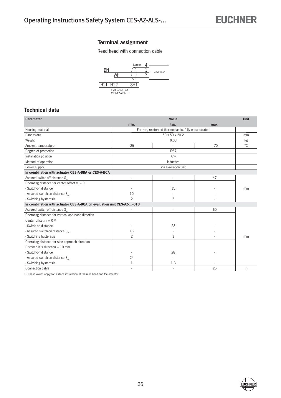 Operating instructions safety system ces-az-als, Terminal assignment, Technical data | Read head with connection cable | EUCHNER CES-AZ-ALS-xxx (Unicode) User Manual | Page 36 / 52