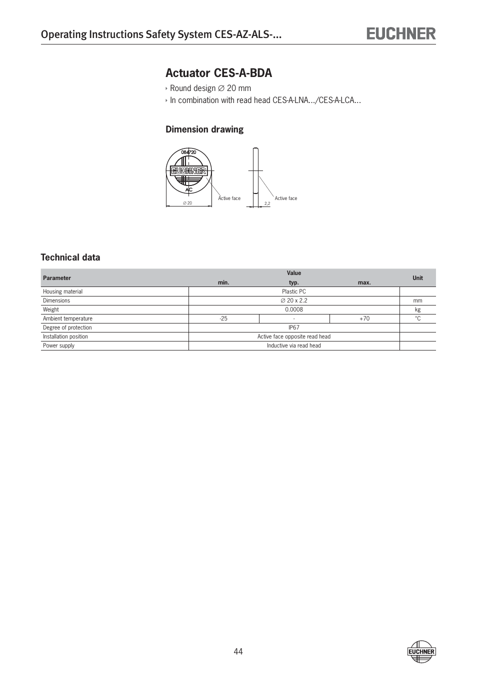 Operating instructions safety system ces-az-als, Actuator ces-a-bda, Dimension drawing technical data | EUCHNER CES-AZ-ALS-xxx (Unicode) User Manual | Page 44 / 52