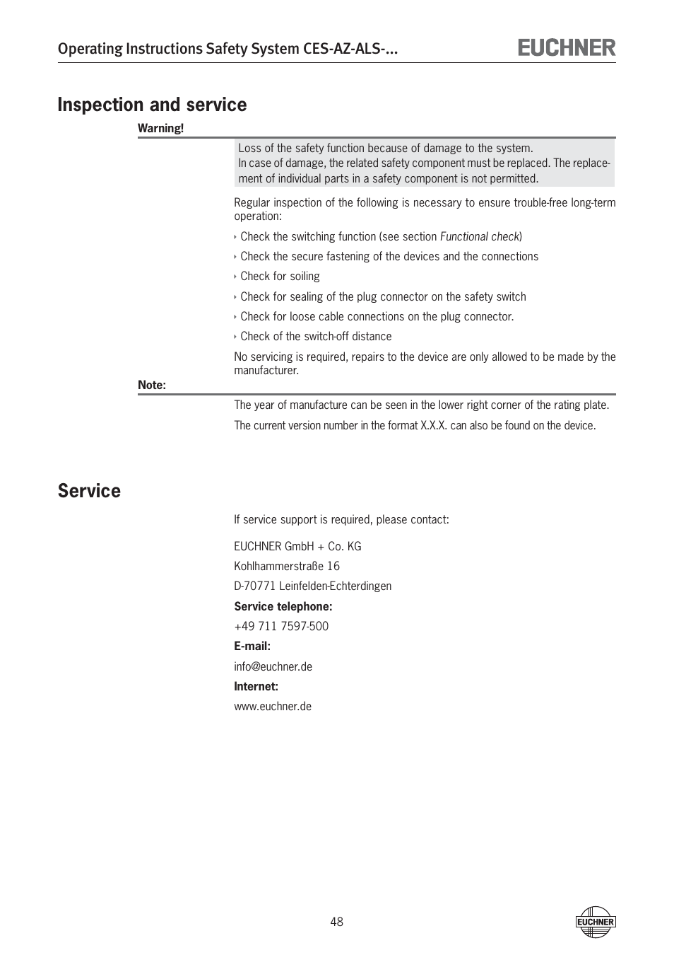 Inspection and service, Service, Operating instructions safety system ces-az-als | EUCHNER CES-AZ-ALS-xxx (Unicode) User Manual | Page 48 / 52