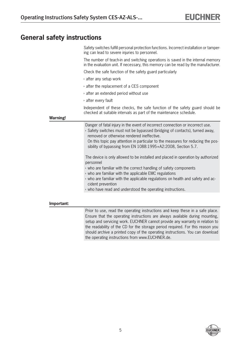 General safety instructions, Operating instructions safety system ces-az-als | EUCHNER CES-AZ-ALS-xxx (Unicode) User Manual | Page 5 / 52