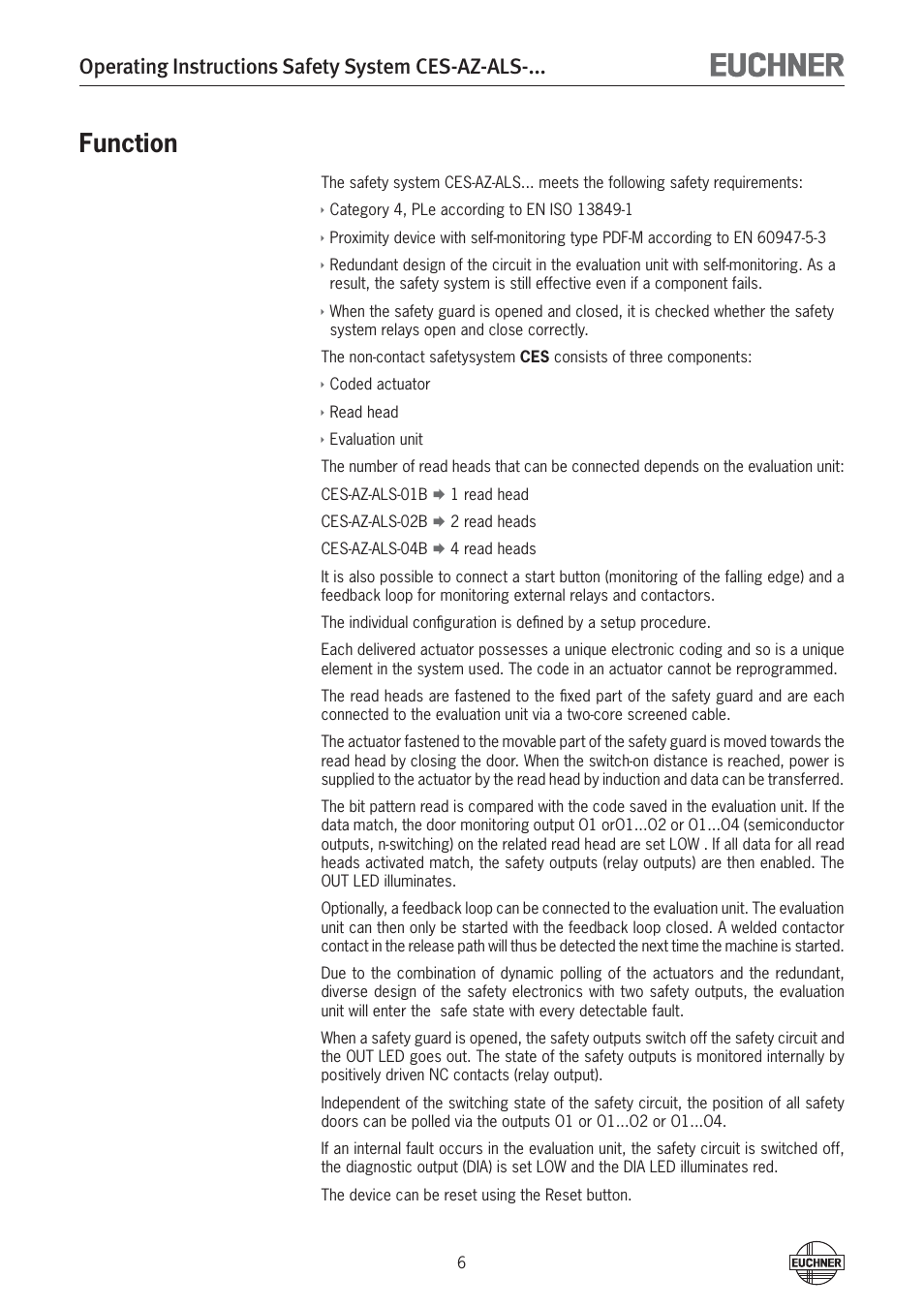 Function, Operating instructions safety system ces-az-als | EUCHNER CES-AZ-ALS-xxx (Unicode) User Manual | Page 6 / 52