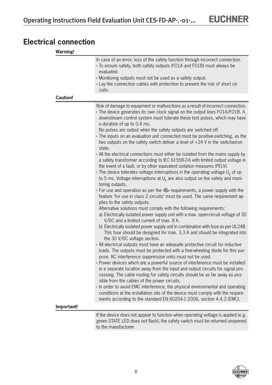 Electrical connection | EUCHNER CES-FD-AP-U-01-xxx (Unicode) User Manual | Page 8 / 30