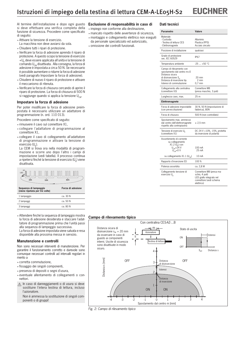 Impostare la forza di adesione, Manutenzione e controlli, Esclusione di responsabilità in caso di | Campo di rilevamento tipico, Dati tecnici | EUCHNER CEM-A-LE05H-S2 User Manual | Page 11 / 15