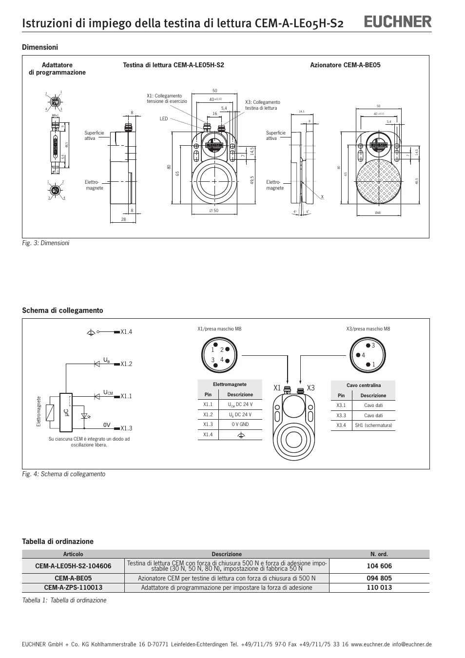 Schema di collegamento, X1 x3, Tabella di ordinazione | Dimensioni | EUCHNER CEM-A-LE05H-S2 User Manual | Page 12 / 15