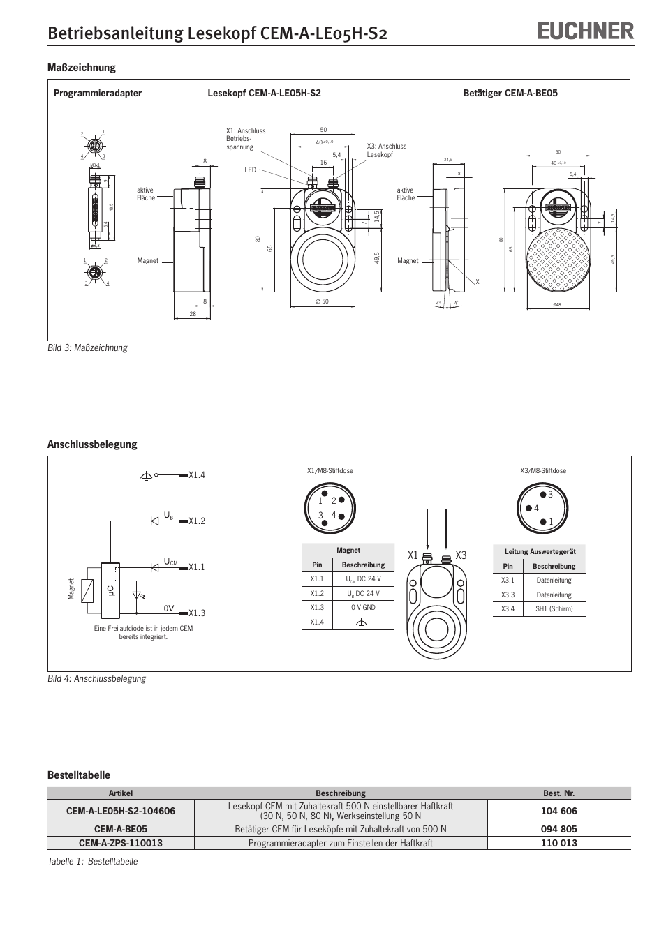 Betriebsanleitung lesekopf cem-a-le05h-s2, Anschlussbelegung, X1 x3 | Bestelltabelle, Maßzeichnung | EUCHNER CEM-A-LE05H-S2 User Manual | Page 3 / 15