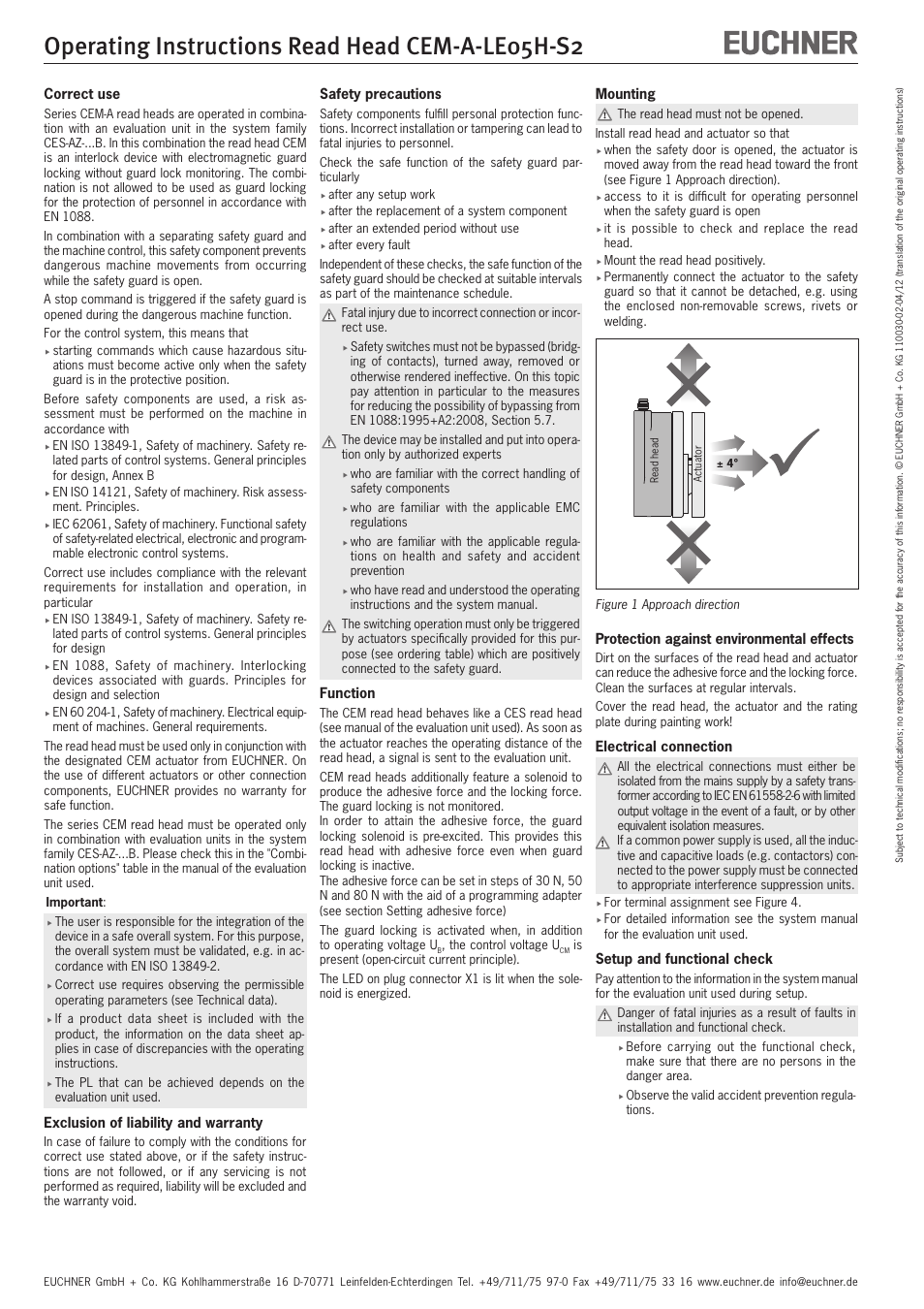 Operating instructions read head cem-a-le05h-s2 | EUCHNER CEM-A-LE05H-S2 User Manual | Page 4 / 15