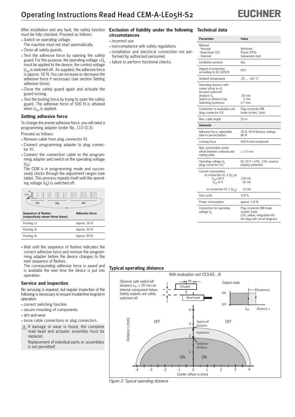 Operating instructions read head cem-a-le05h-s2, Setting adhesive force, Service and inspection | Typical operating distance, Technical data | EUCHNER CEM-A-LE05H-S2 User Manual | Page 5 / 15