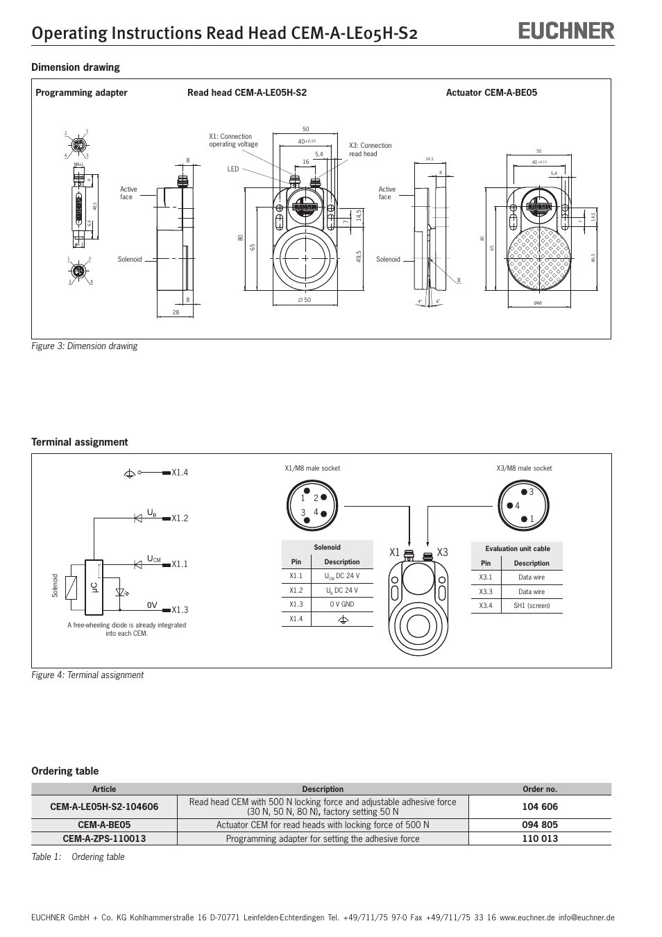 Operating instructions read head cem-a-le05h-s2, Terminal assignment, X1 x3 | Ordering table, Dimension drawing | EUCHNER CEM-A-LE05H-S2 User Manual | Page 6 / 15