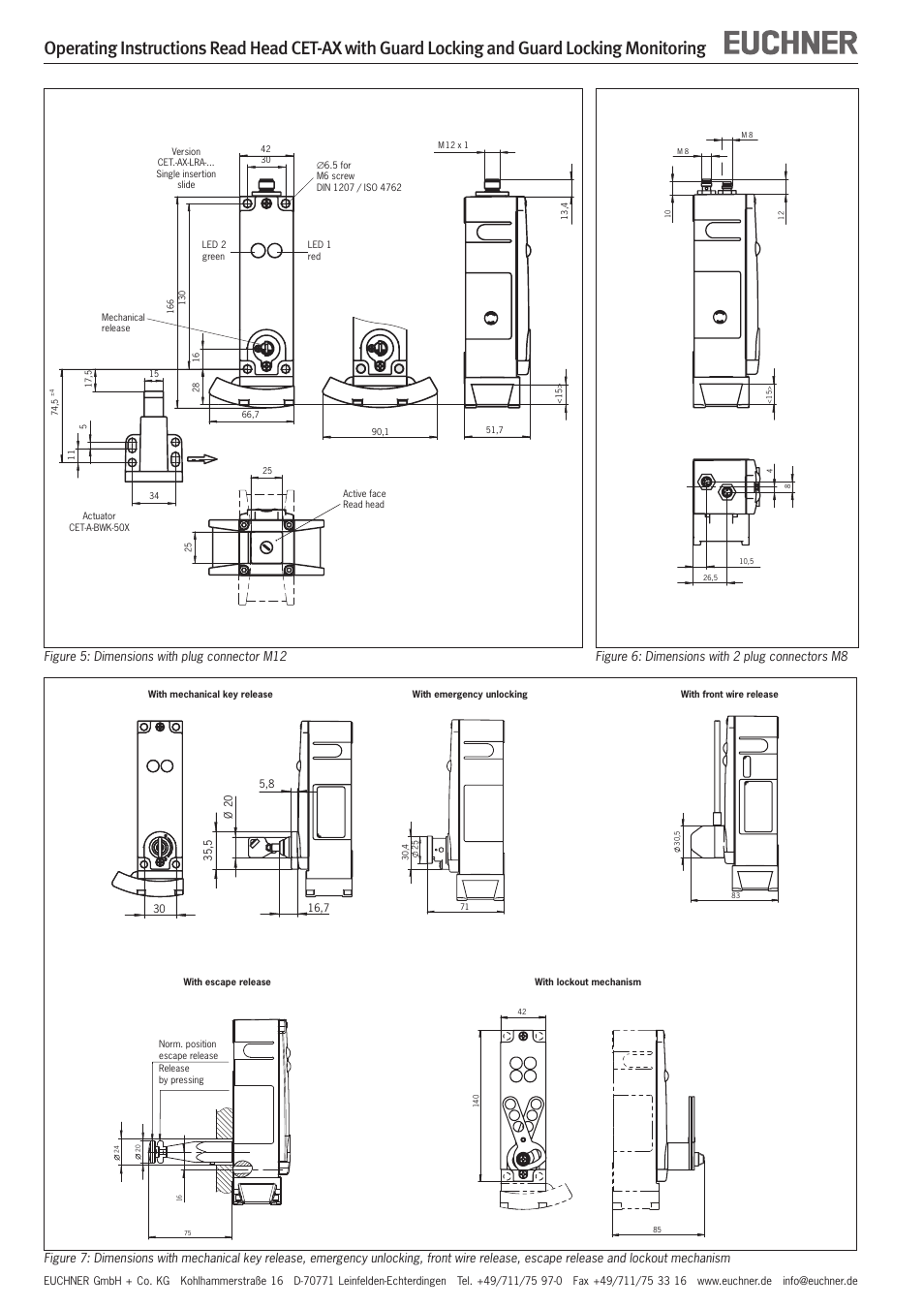 Figure 5: dimensions with plug connector m12, Figure 6: dimensions with 2 plug connectors m8 | EUCHNER CET-AX User Manual | Page 6 / 7