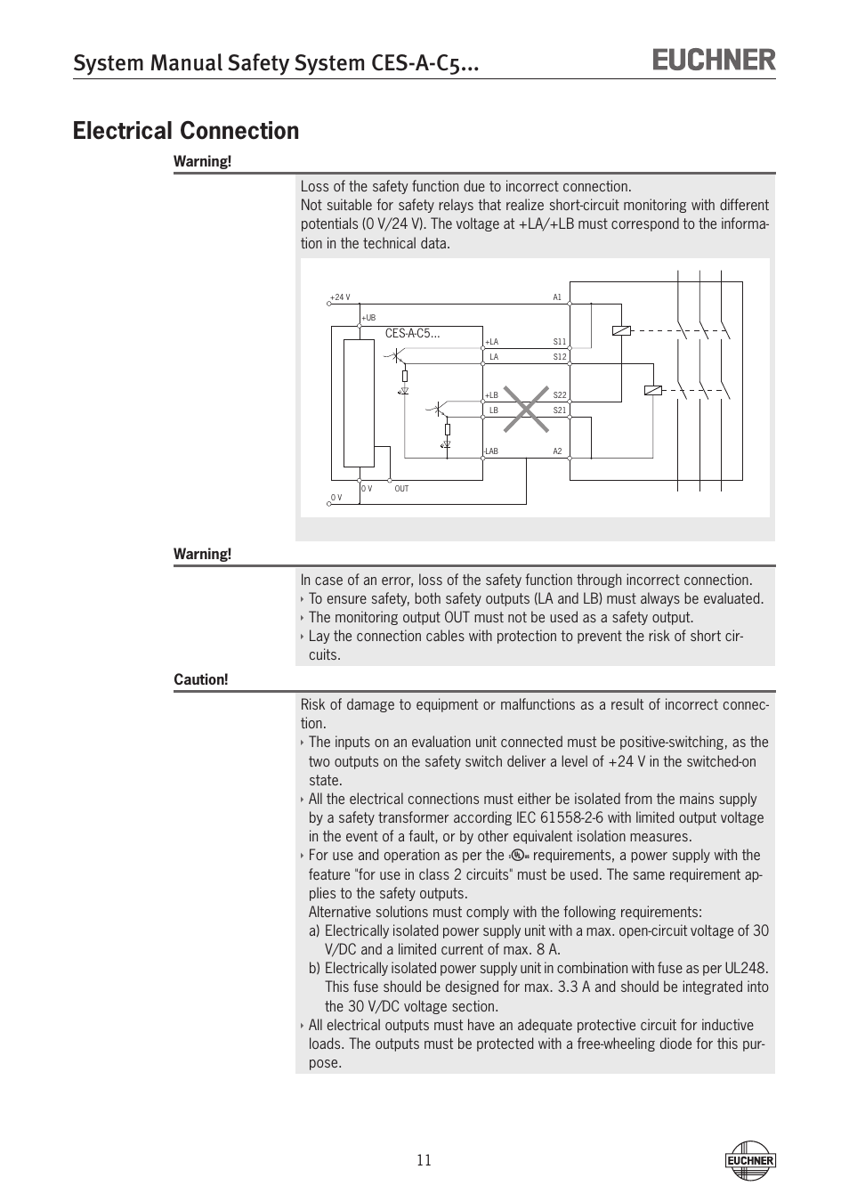 System manual safety system ces-a-c5, Electrical connection | EUCHNER CES-A-C5H-01 (Unicode) User Manual | Page 11 / 30