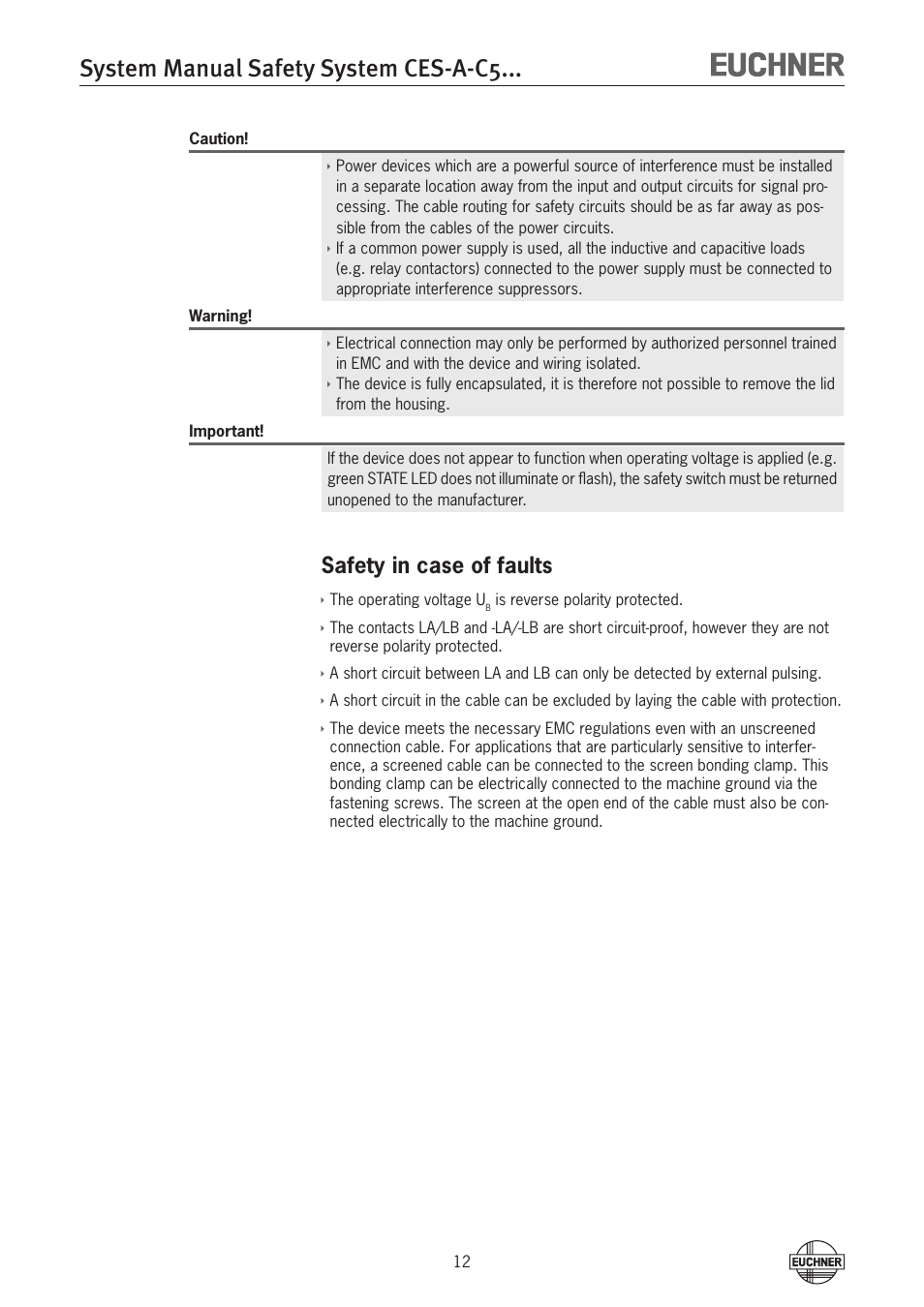 System manual safety system ces-a-c5, Safety in case of faults | EUCHNER CES-A-C5H-01 (Unicode) User Manual | Page 12 / 30