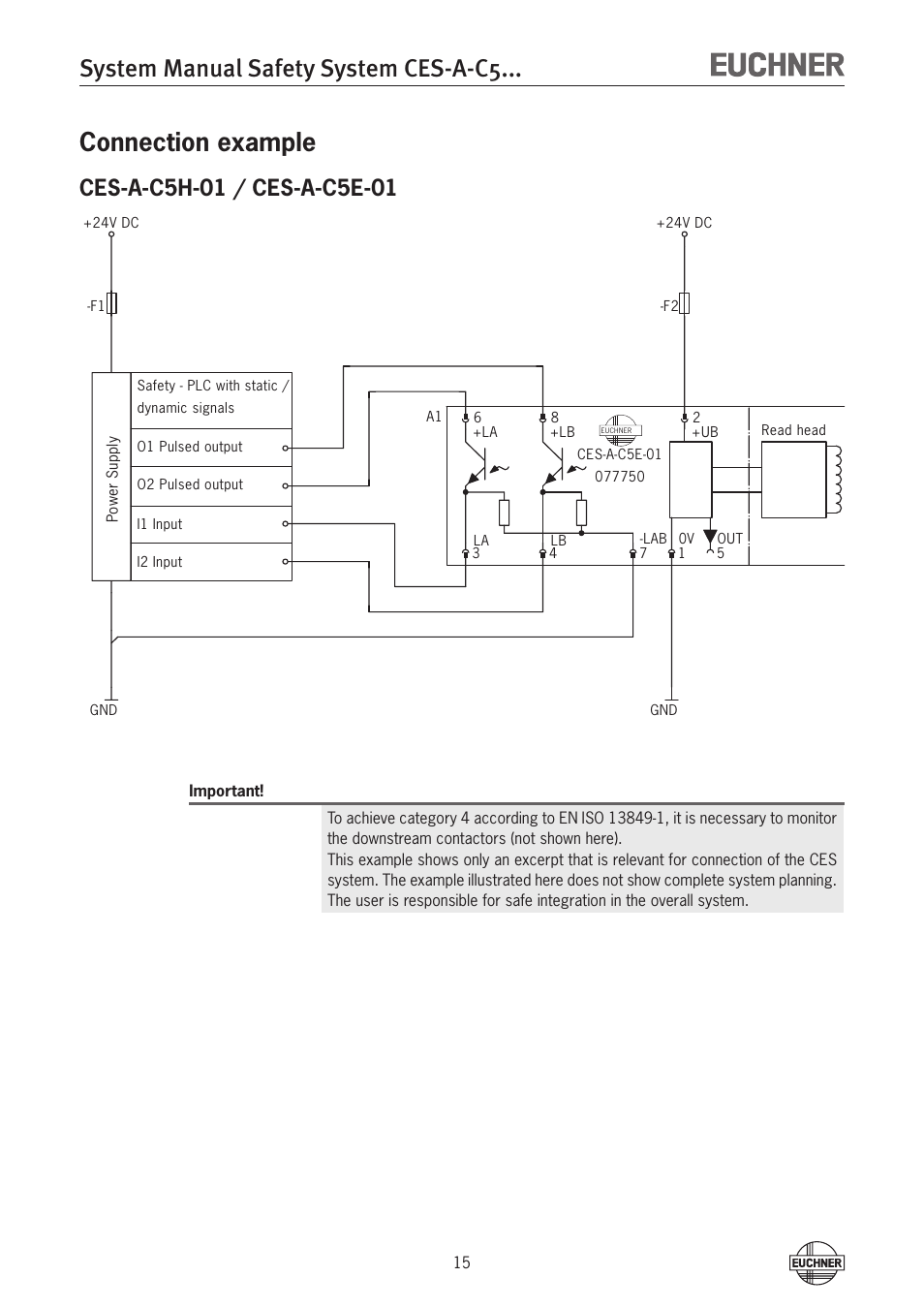 System manual safety system ces-a-c5, Connection example | EUCHNER CES-A-C5H-01 (Unicode) User Manual | Page 15 / 30