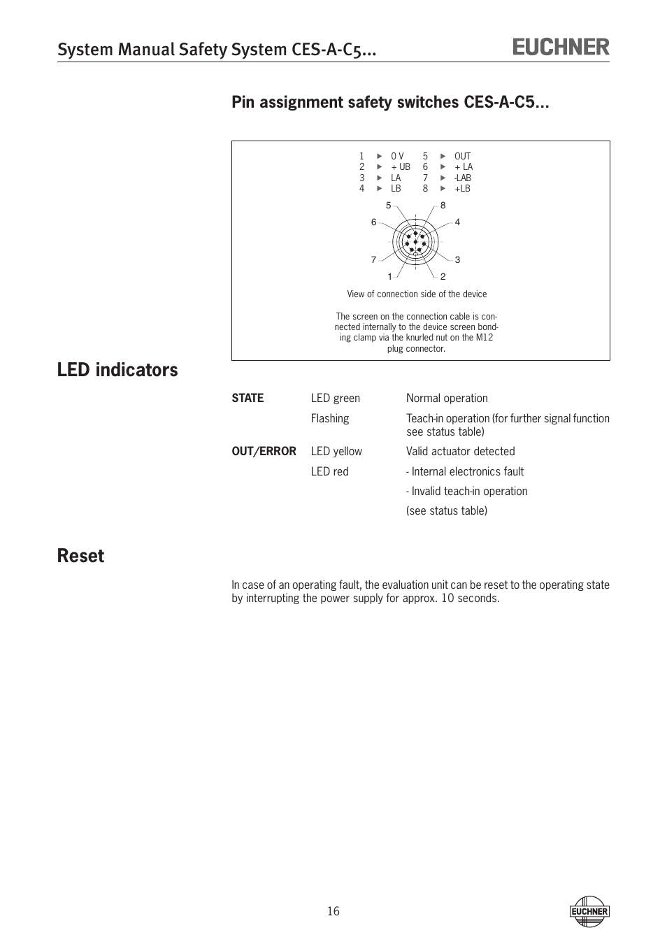 System manual safety system ces-a-c5, Led indicators, Reset | Pin assignment safety switches ces-a-c5 | EUCHNER CES-A-C5H-01 (Unicode) User Manual | Page 16 / 30